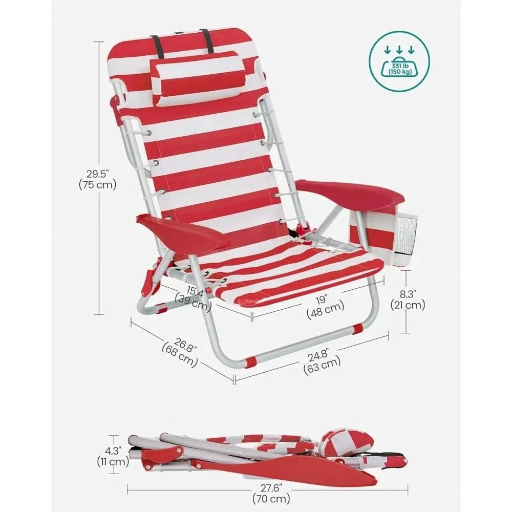 Portable Backpack Beach Chair, 331 lb Capacity, 4 Angles Adjustable Backrest, 2 Side Pockets, Towel Bar