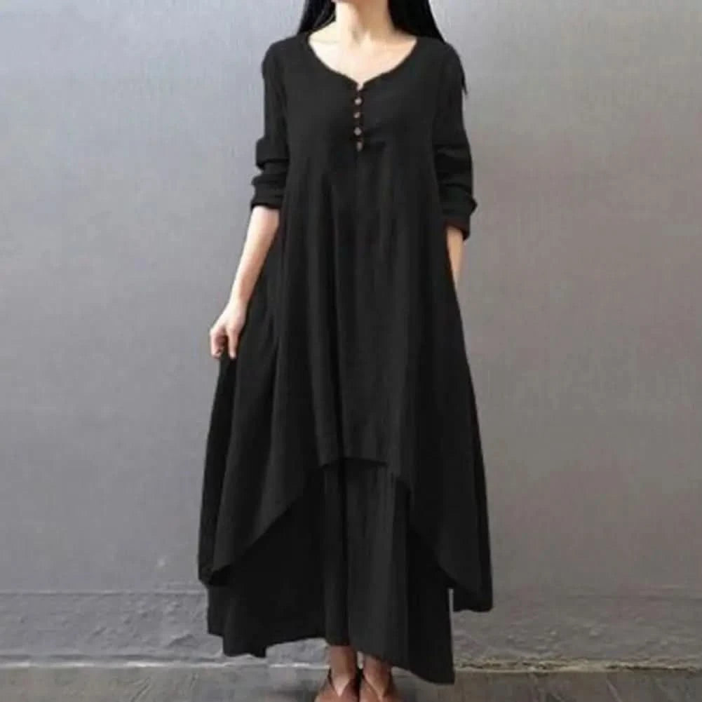 Women Elegant Linen White Dresses Bohemia Layering Vintage Robe Long Sleeve Loose Long Dress Female Autumn Vestidos - M & M Global