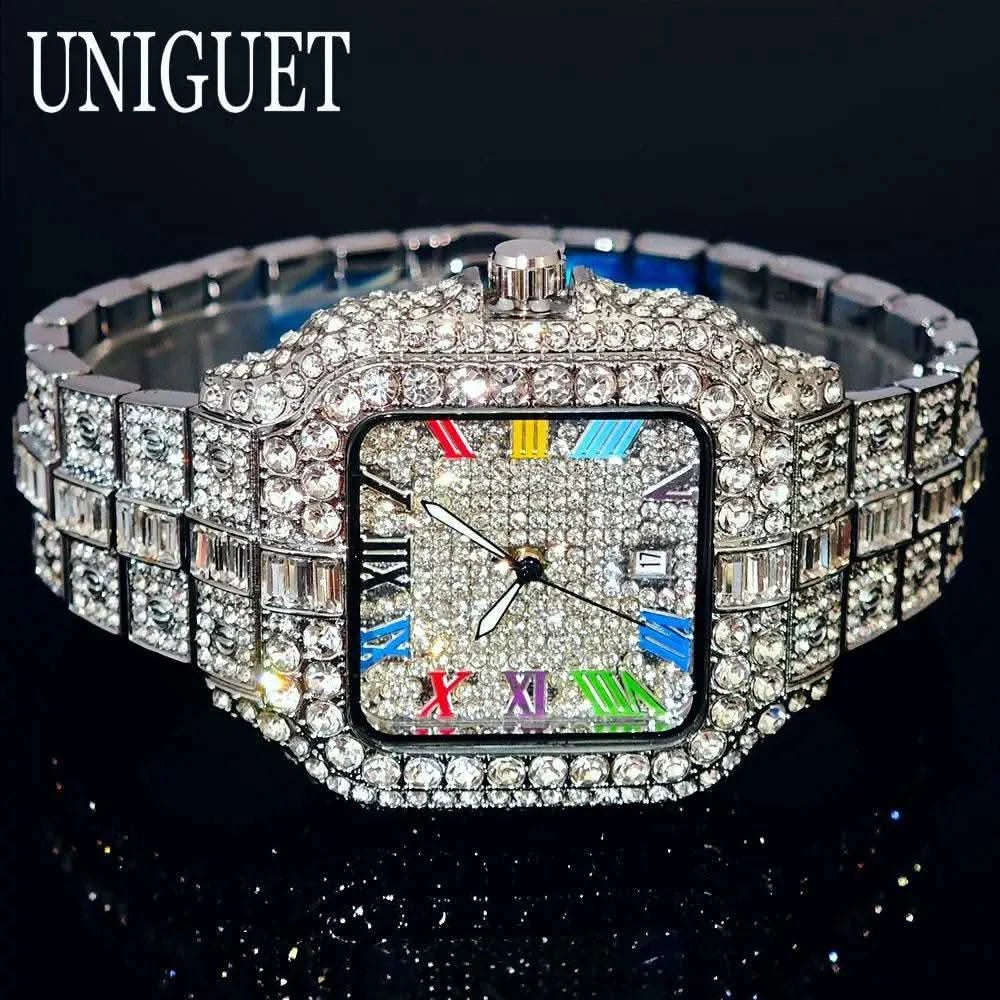 2025 UNIGUET Luxury Diamond Watch For Men With Rainbow Dial Calendar Quartz Watches Fashion Hip Hop Iced Out Wristwatch Man Gift - M & M Global