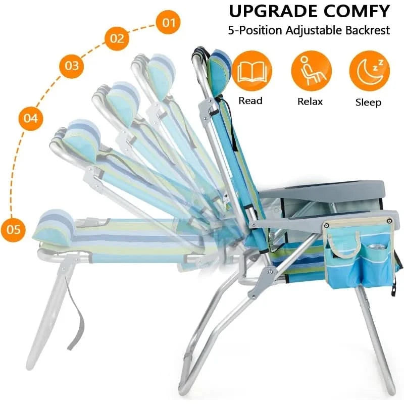 VINGLI Tall Beach Chair 2 Pack, with 5-Position, Cooler Bag, Cup Holders, Towel Bar, Lightweight Folding Beach Camping Chairs