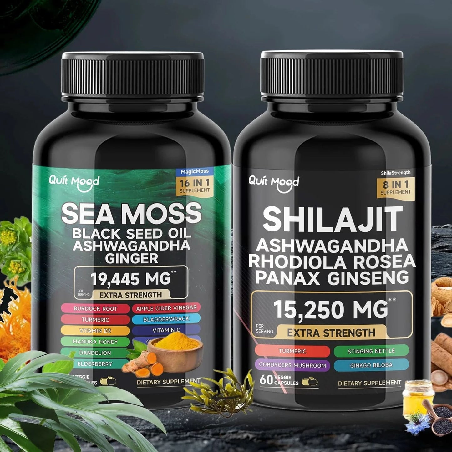 Sea Moss and shilajit Bundle 120 capsules, with Seamoss, Black Seed Oil, Ashwagandha, Ginger, Burdock Root, Turmeric, Black Pepp - M & M Global