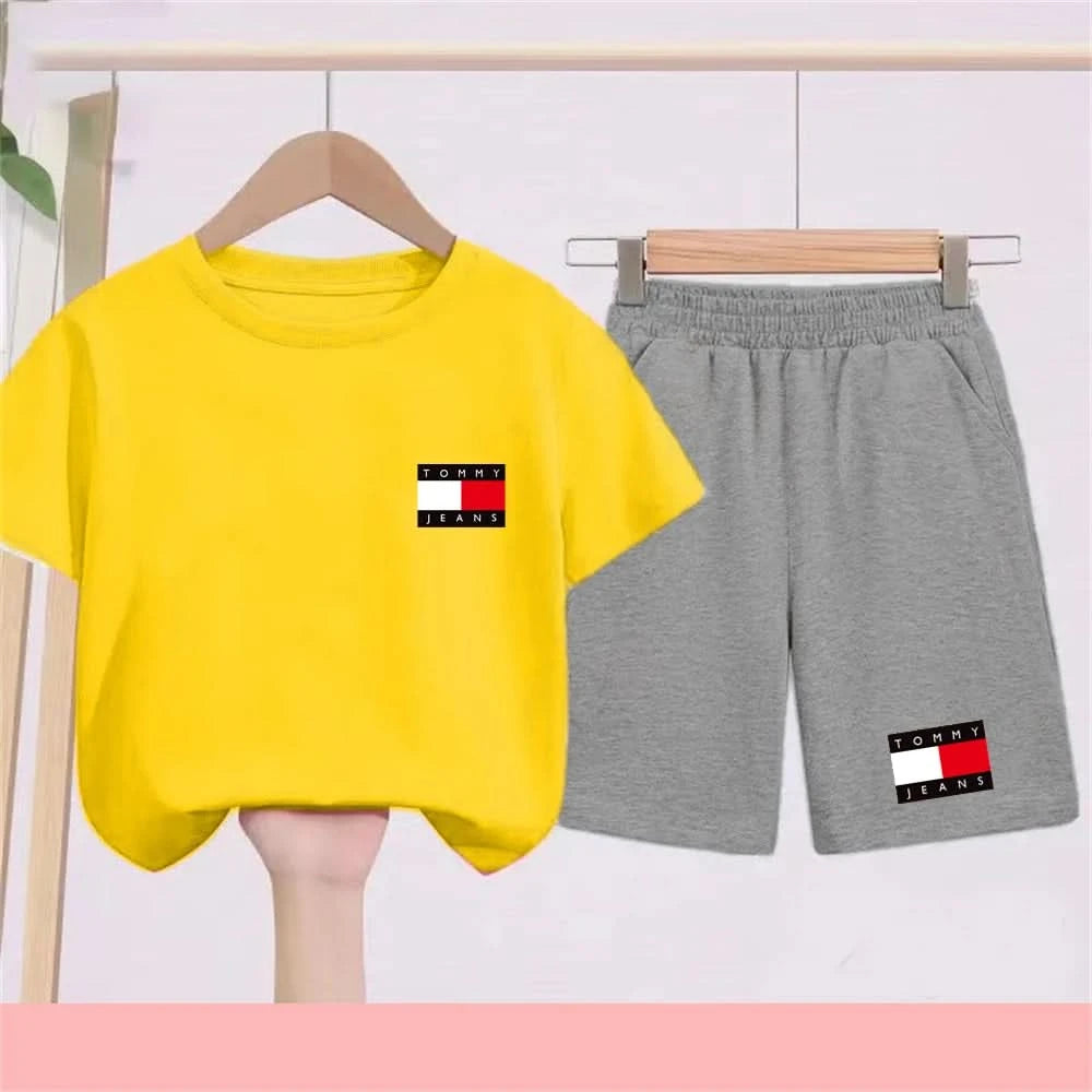 Kids Short sleeve Fashion T-shirt Boys Girls Toddler 3-12Yrs Tops and bottom Sunshine Casual Set outdoor sport black Clothes - M & M Global