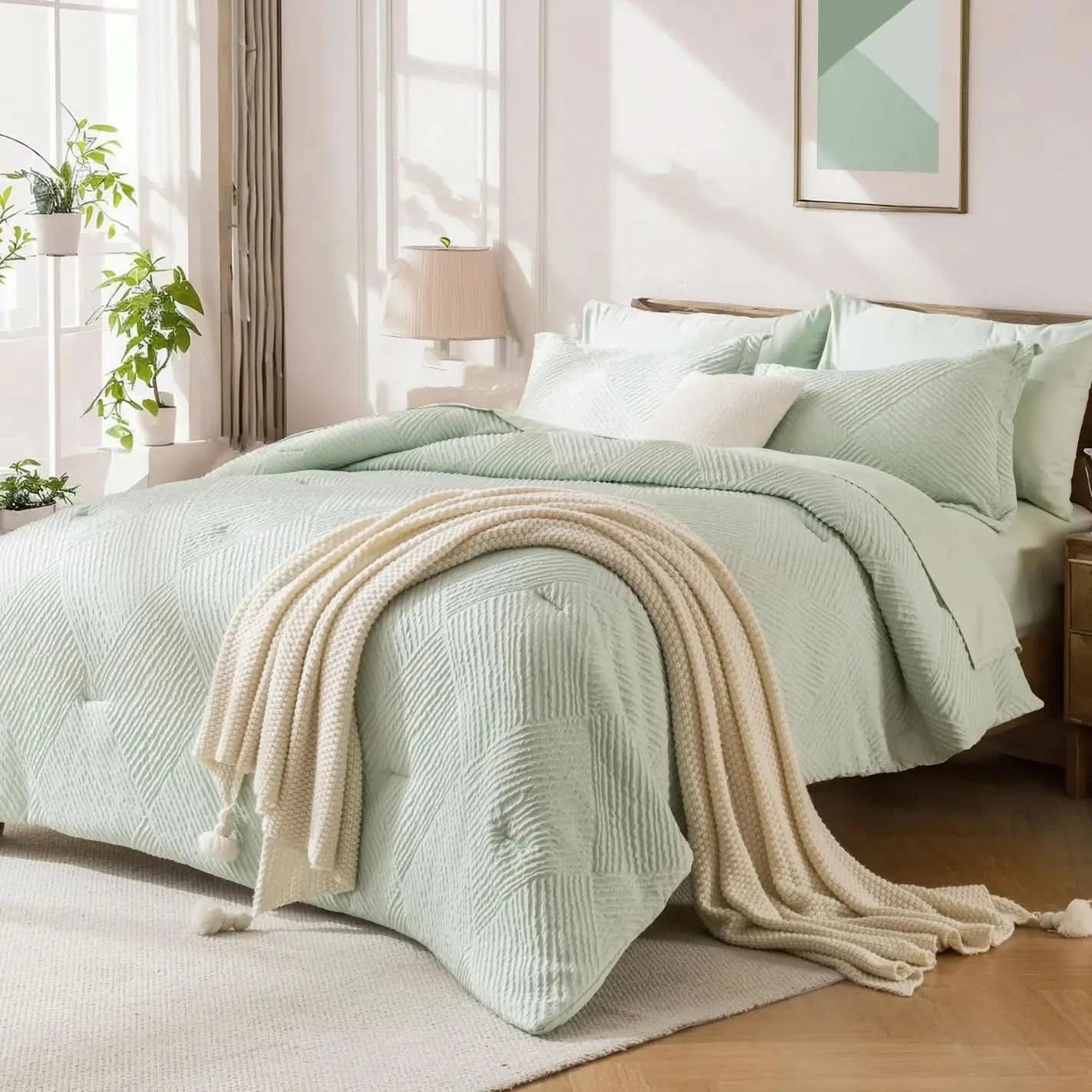 solid striped check Comforter set, soft microfiber, lightweight and breathable, easy to care for - bedding set for all seasons