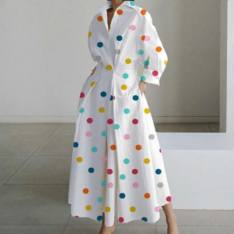 Autumn Dress Long Sleeve Dot Print Elegant Maxi Dresses For Women 2023 White Casual V Neck Shirt Party Long Dress Robe Femme - M & M Global