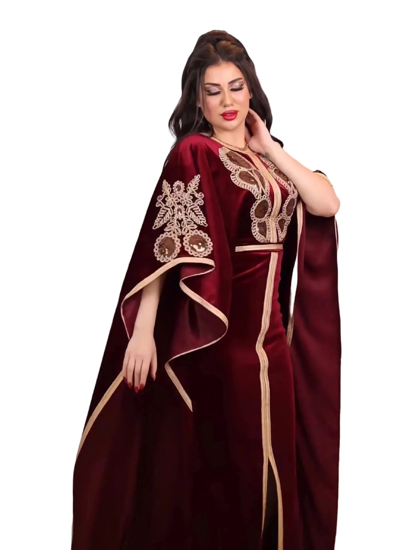 Ramadan Luxury Muslim Fashion Bat Sleeve Moroccan Turkiye Dubai Dress Middle East Arab Dress Sequins Golden Velvet Long Dress - M & M Global