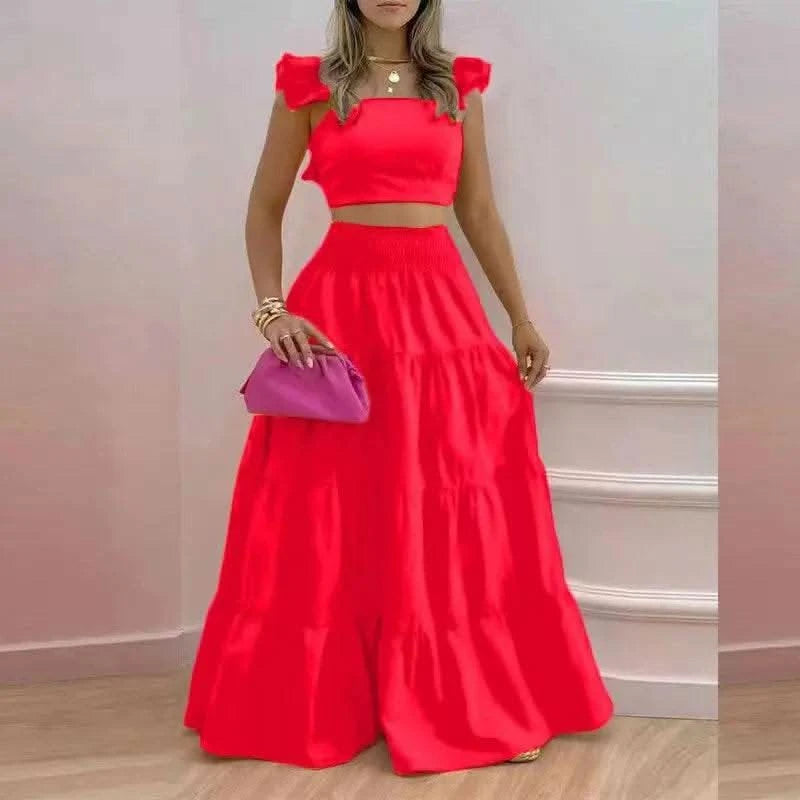 Dress Set Two-piece Women's Clothing Solid Color Sexy Suspender Large Swing Skirt Short Sleeved Square Neck Top Summer Outfits - M & M Global
