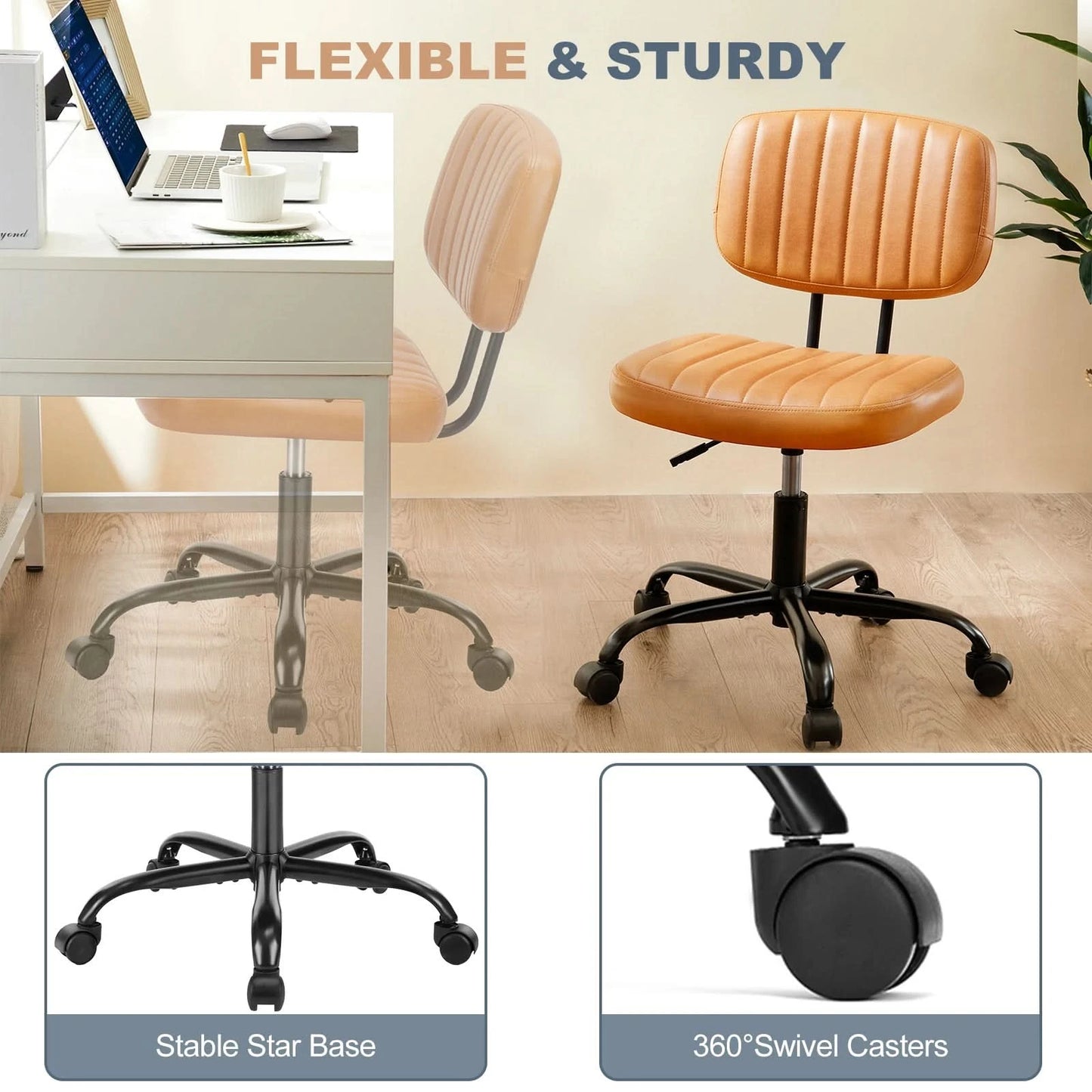 JHK Armless Office Desk Chair Back Lumbar Support Height Adjustable PU Leather Computer Chair with 360° Swivel Rolling Wheels