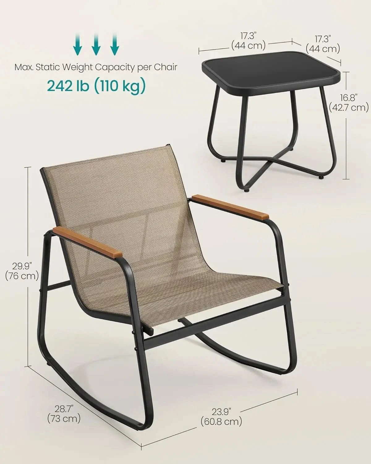 3-Piece Patio Set. Garden Conversation. 2 Rocking Chairs, Table. Steel Frame. Breathable Fabric. Yellowish Brown. UGGF0027K01.