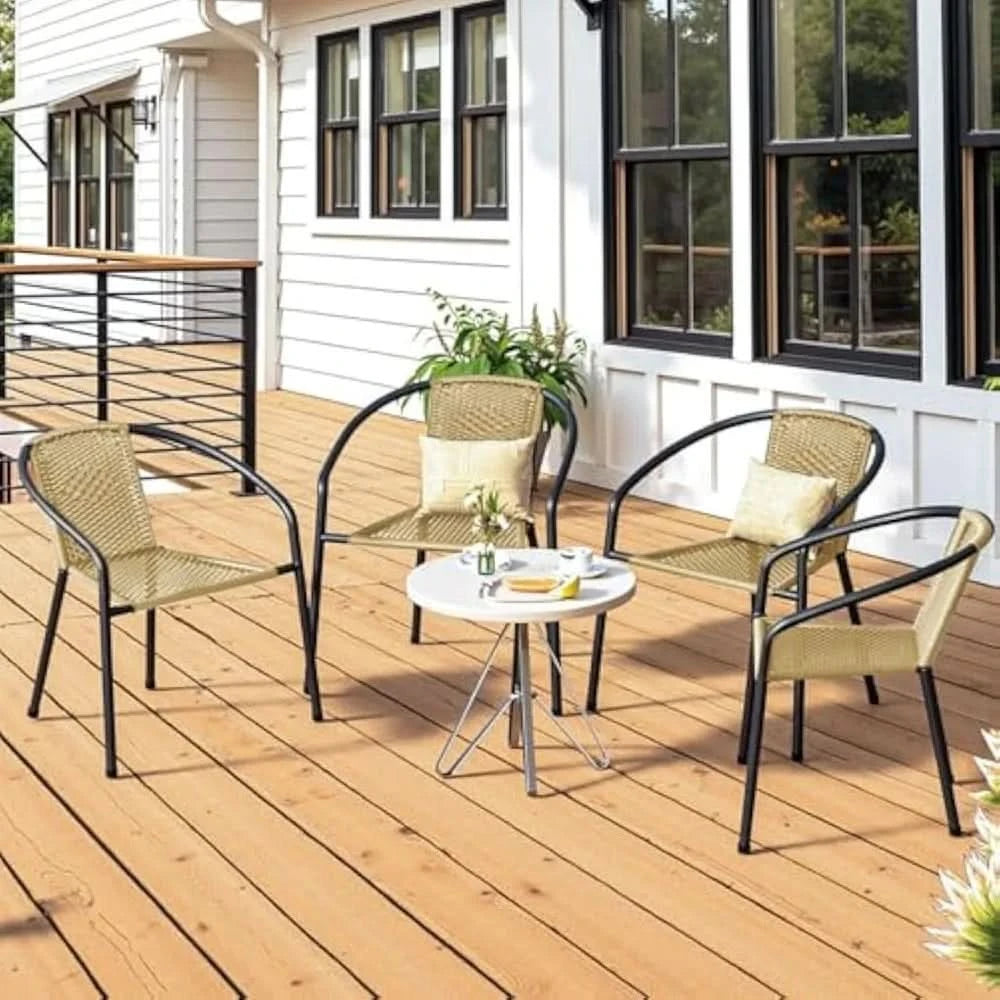 4 Pack Patio Stackable Rattan Chairs, Indoor-Outdoor Restaurant Wicker Dining All-Weather Armchair Stack Chair (Beige)