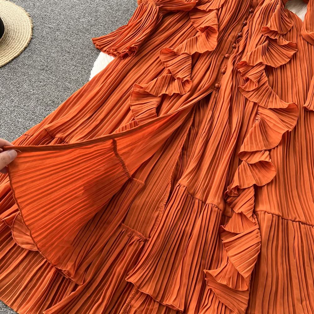 Purple/Brown/Red Chiffon Pleated Long Dress Women Vintage V-Neck Flare Sleeve Draped Ruffle Vestido Female Maxi Robe Spring Fall - M & M Global