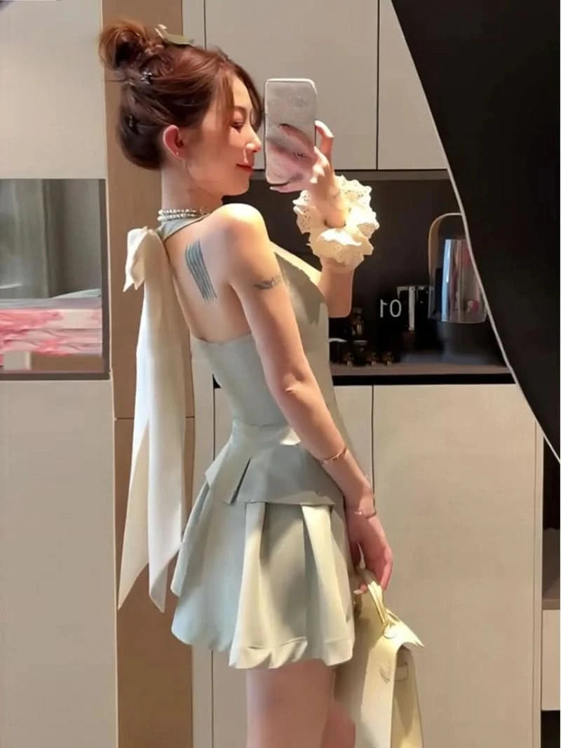 French Spicy Bow Splice Vest Pleated Skirt Two Piece Set Women Backless V-Neck Single Breasted Celebrity Fashion Slim Summer Set - M & M Global