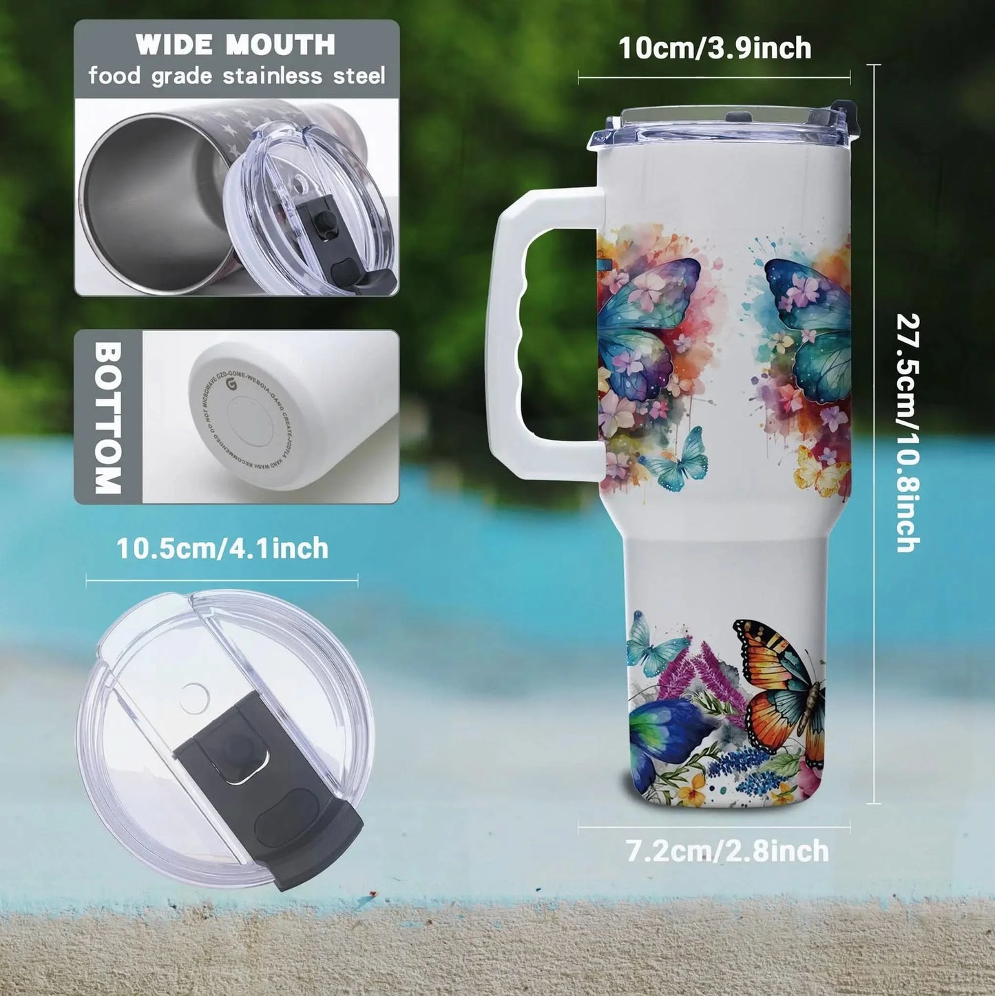40oz Faith Quote Tumbler with Butterfly Art, Vacuum Insulated Stainless Steel with Handle and Wide Mouth, Gift for Christian Wom