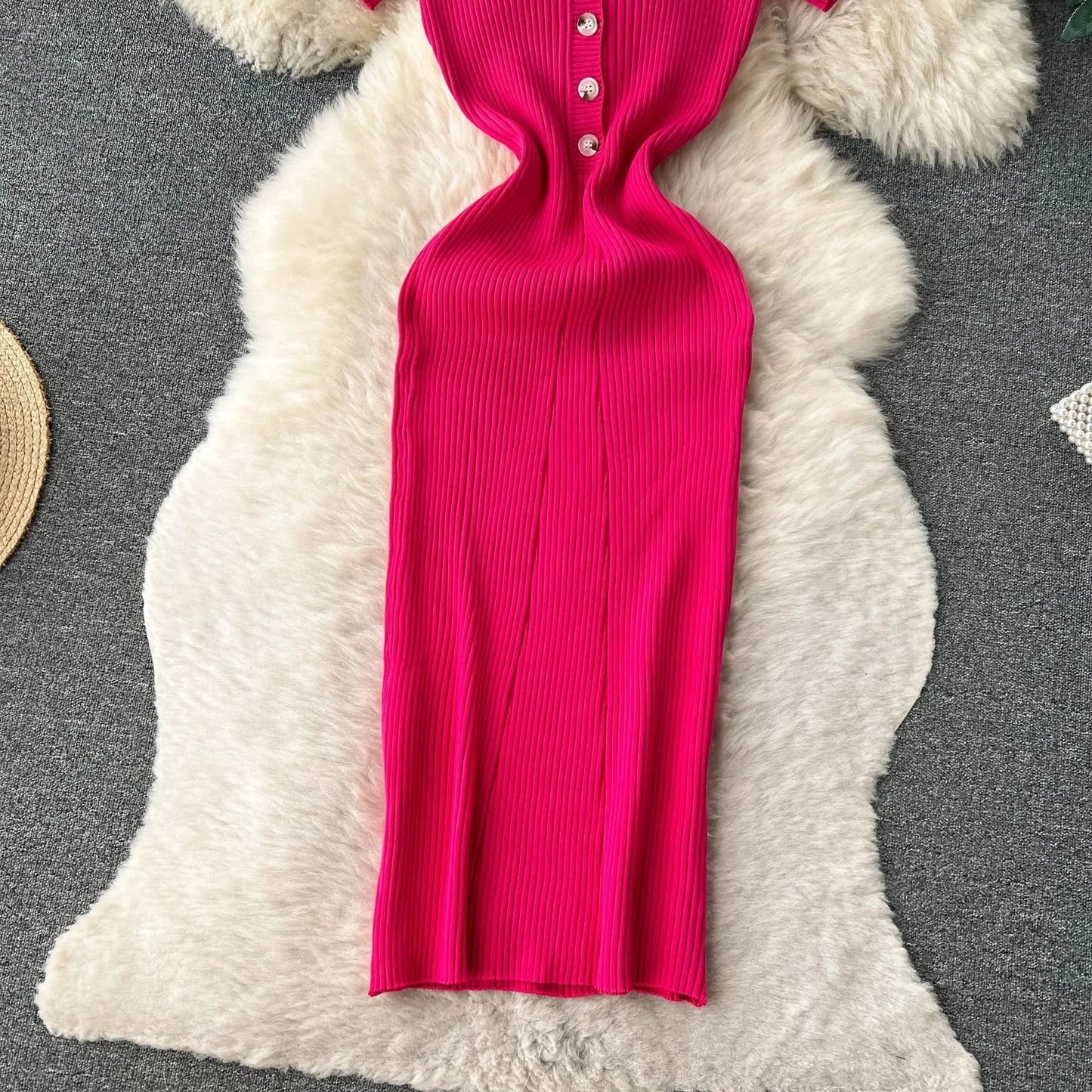 Summer Elastic Women Solid Knit Dress Summer Rose Red Retro Loose Sundress Sets 2024 bodycon Streetwear Sheer Beach Long Dress - M & M Global