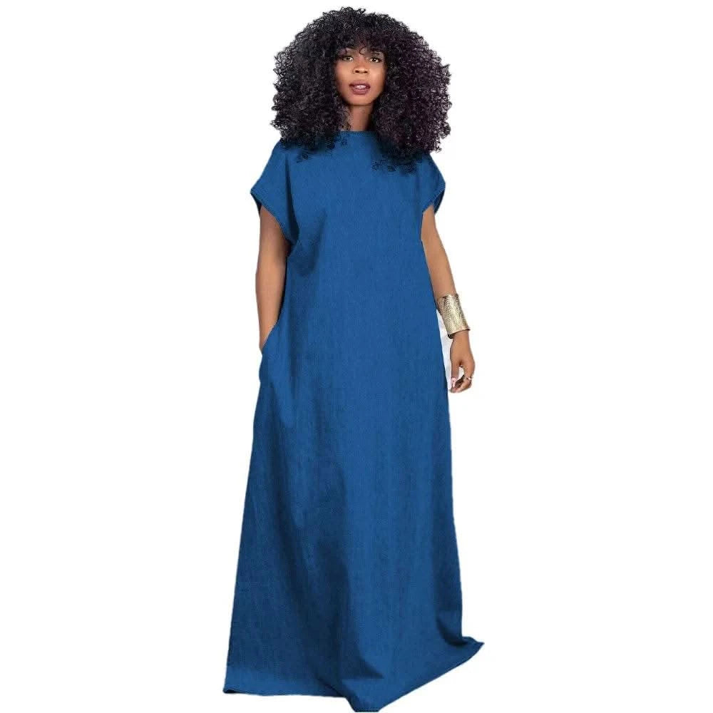 CM.YAYA Vintage Women Fashion Batwing Short Sleeve Denim V-back Loose Slim Maxi Long Dress 2023 High Street Vestido Jean Dresses - M & M Global