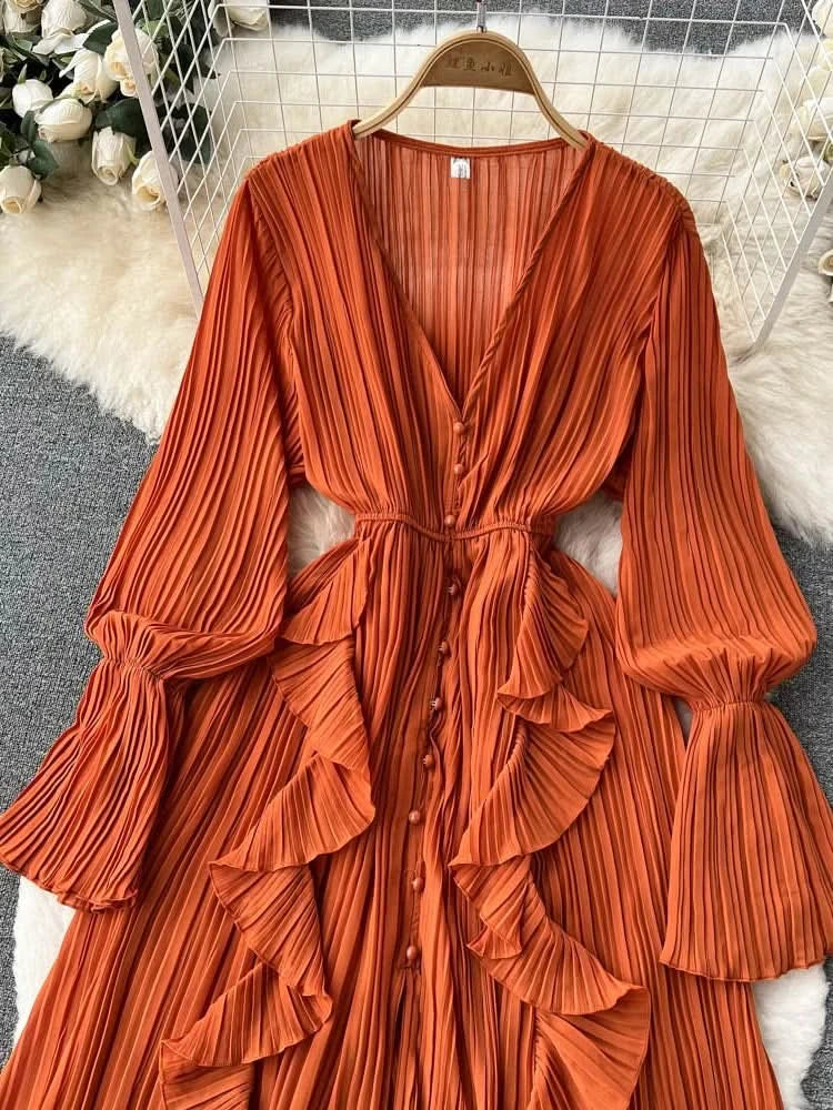 Purple/Brown/Red Chiffon Pleated Long Dress Women Vintage V-Neck Flare Sleeve Draped Ruffle Vestido Female Maxi Robe Spring Fall - M & M Global