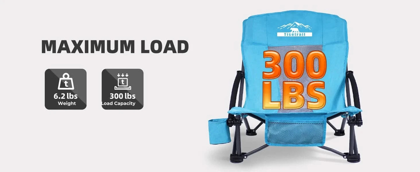 Tisetrail 2 Pack Portable Beach Chair with Cooler Bag Low Back Sling Chair with Cup Holder Folding Mesh Sand Chair Portable