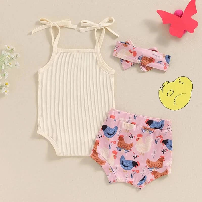 Toddler Girl 3 Piece Summer Set Floral Print Sleeveless Romper with Ruffle Trim Denim Shorts Bow Headband Outfit - M & M Global
