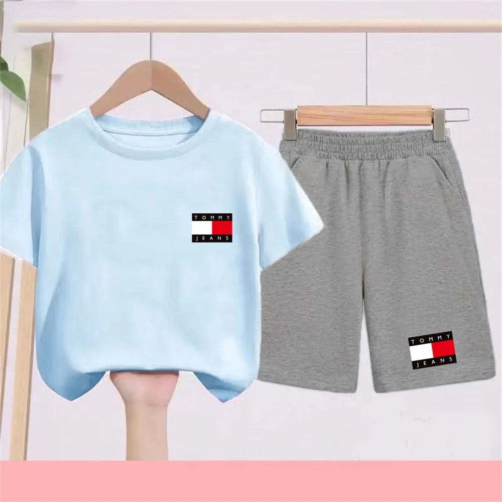 Kids Short sleeve Fashion T-shirt Boys Girls Toddler 3-12Yrs Tops and bottom Sunshine Casual Set outdoor sport black Clothes - M & M Global