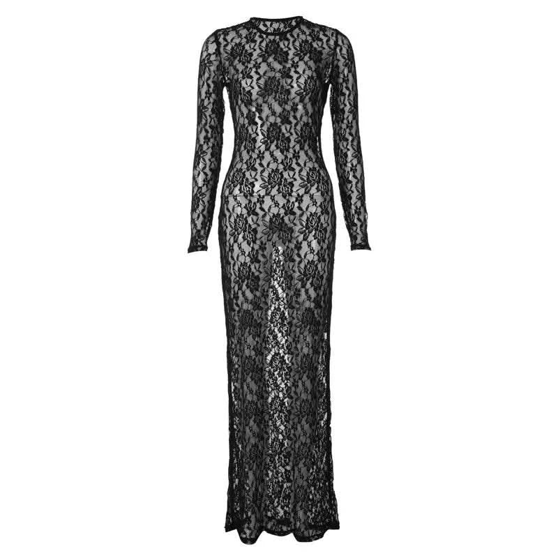 Autumn Fall Women Sexy Lace See Through Streetwear Bodycon Black Long Dress Wholesale Items For Business - M & M Global