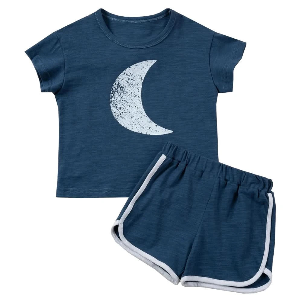 Summer 2pcs Children Clothes Sets Korea Moon Print Outfits Muslin Patchwork Casual Suits Kids Shorts T-shirt Boys Girls Outfits - M & M Global