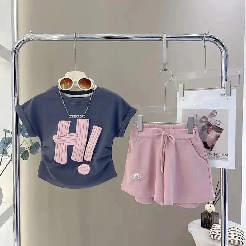 Girls Clothes Sets 2024 Summer Children Short-sleeved Suit Teenage Girls Letter T-shirt Shorts Tracksuit Outfit Clothing Set - M & M Global