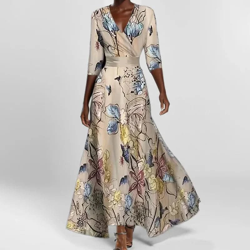 Spring Summer Women Fashion V Neck Belted Party Long Dress Sexy Printing Boho Maxi Dresses Short Sleeve Pocket Femlae Holiday - M & M Global