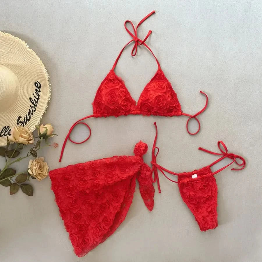Women's Sexy 3 Piece Bikini Set 3D Flower Beach Skirt Swimsuit Pure Pink Triangle Halter Backless Thong Swimwear 2025 Summer New - M & M Global