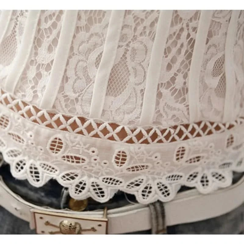 Summer Casual Solid Blouses for Women Petal Sleeve Floral Lace Tops Sweet Chiffon O-neck Short Shirts Elegant Chic New 01C - M & M Global