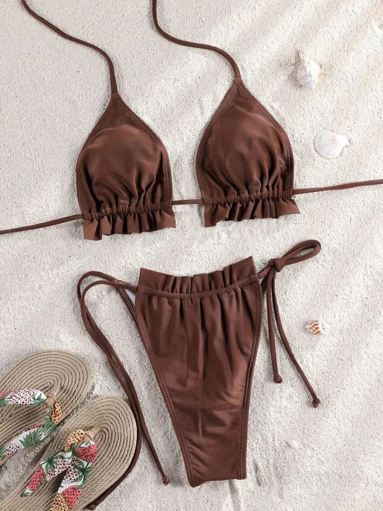 ZRTAK Sexy Swimwear Women Bikini String Swimming Suit For Women Bathing Suit Micro Folds Hight Cut Lace Halter Bikinis Set - M & M Global