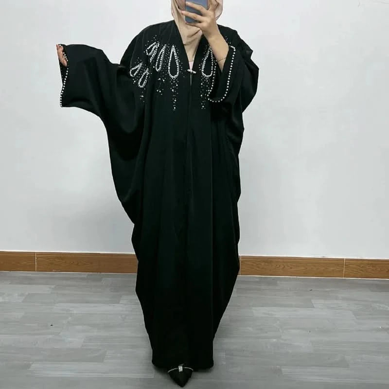 Ramadan Luxury Muslim Fashion Bat Sleeve Moroccan Turkiye Dubai Dress Middle East Arab Dress Sequins Golden Velvet Long Dress - M & M Global