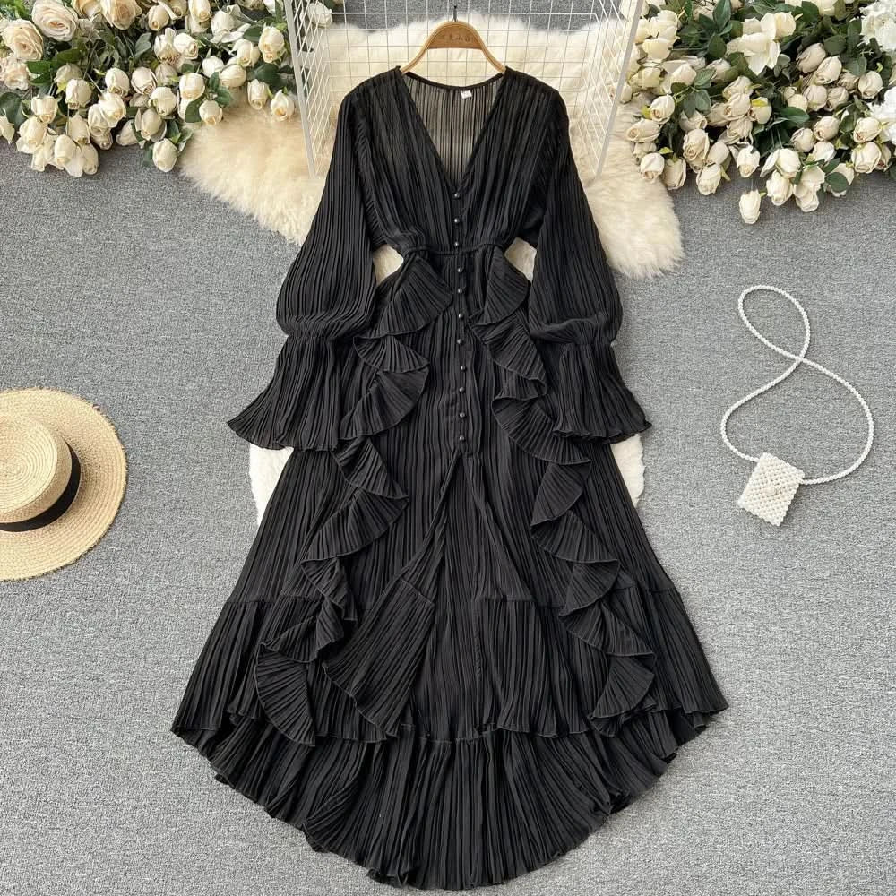 Purple/Brown/Red Chiffon Pleated Long Dress Women Vintage V-Neck Flare Sleeve Draped Ruffle Vestido Female Maxi Robe Spring Fall - M & M Global