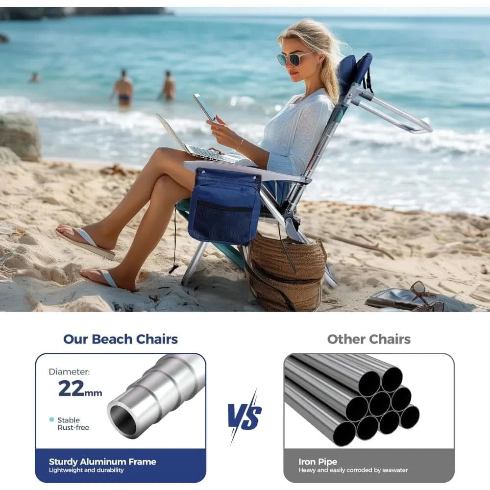 Beach Chairs Set of 2 with Cooler Bag 4 Position Classic Lay Flat Folding with Backpack Straps Support 250LBS (Sky Blue)