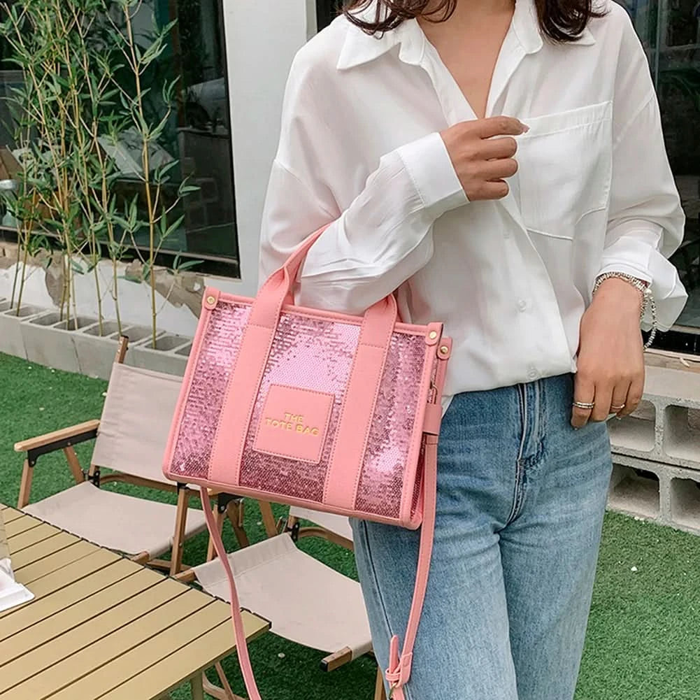 New The Tote Bag Letter Printed Sequins Top-Handle Bag Women Leather Handbag Luxury Designer Glitter Shoulder Crossbody Bag - M & M Global