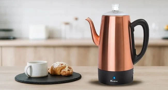 PER12 Stainless Steel Electric Coffee Percolator, 12 Cup, Polished Copper Finish, Dripless Gooseneck Spout, Clear Glass Knob, Br - M & M Global