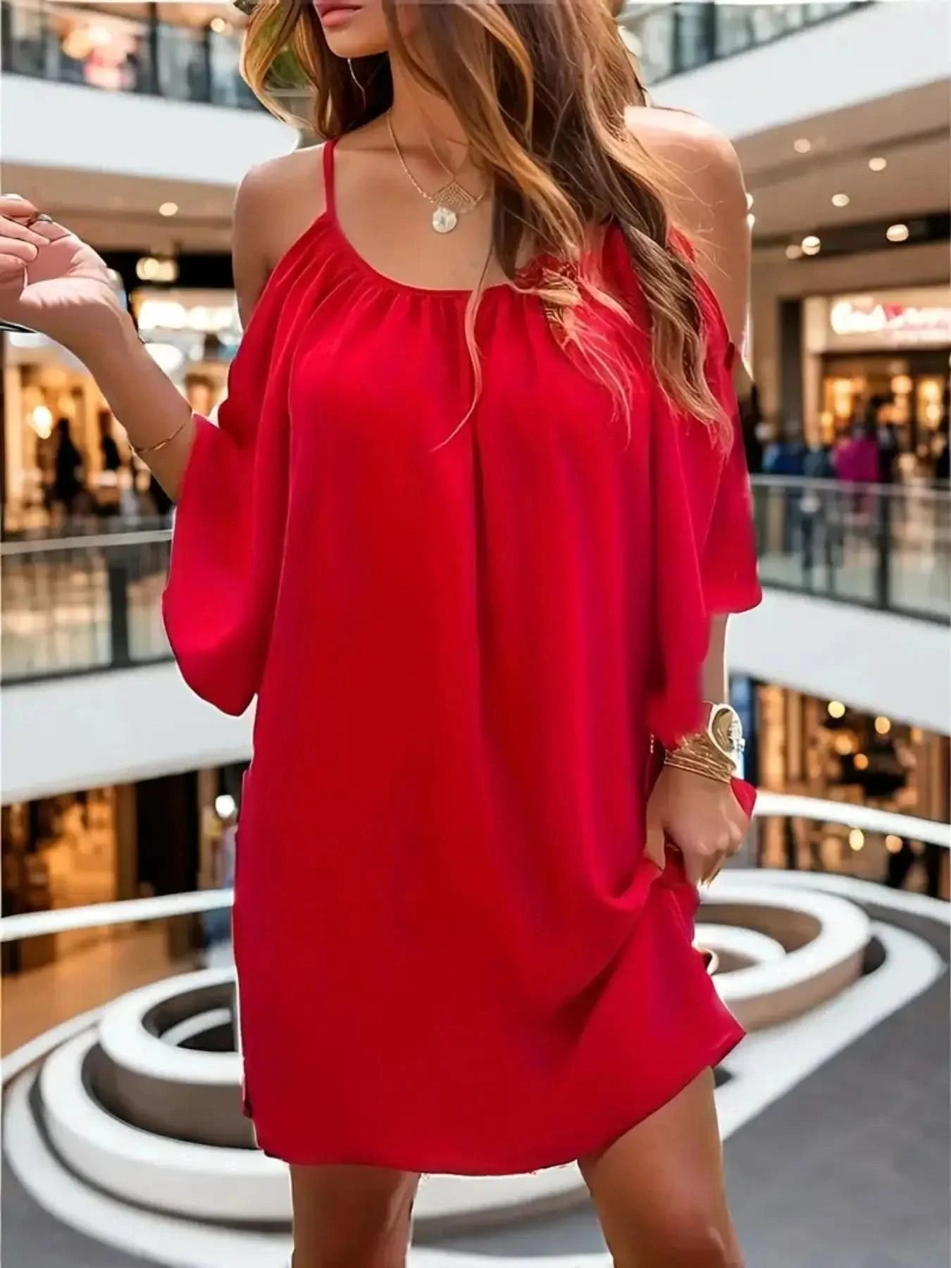 Plus Size 1XL-5XL Women Summer Casual Solid Color Dress Elegant Off Shoulder Dress Women Relaxed Fit Cute Dress - M & M Global