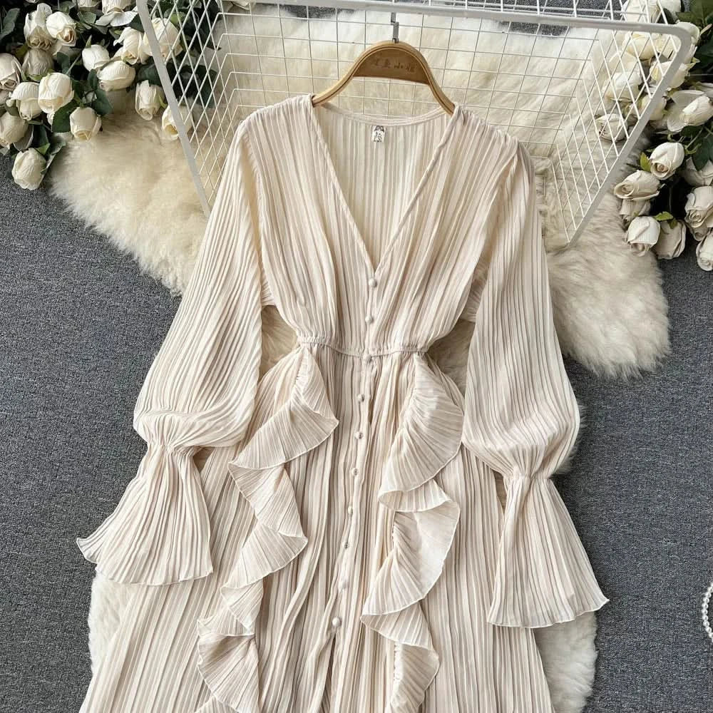 Purple/Brown/Red Chiffon Pleated Long Dress Women Vintage V-Neck Flare Sleeve Draped Ruffle Vestido Female Maxi Robe Spring Fall - M & M Global