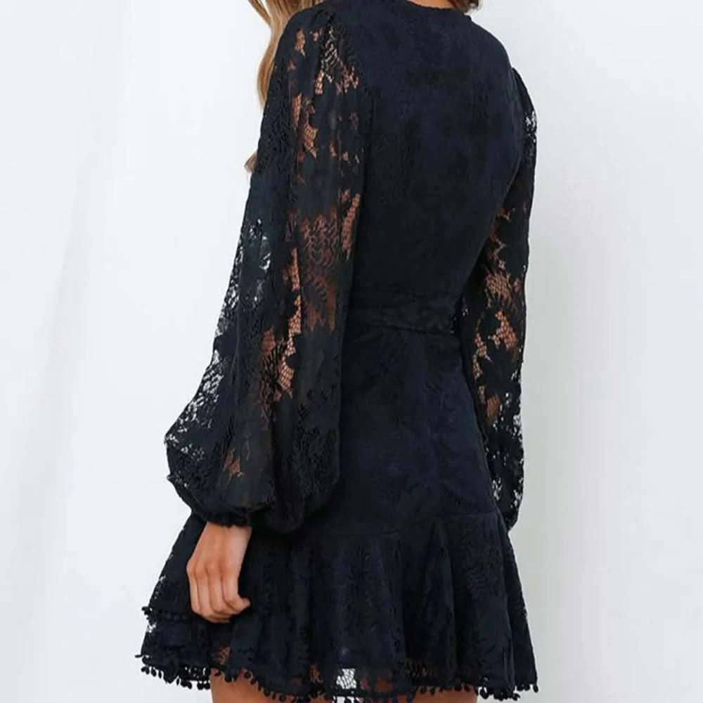 Gray/Orange Flutter Sleeve Wrap V Neck Floral Lace Short Dress for Women Summer Spring A Line Party Dress - M & M Global