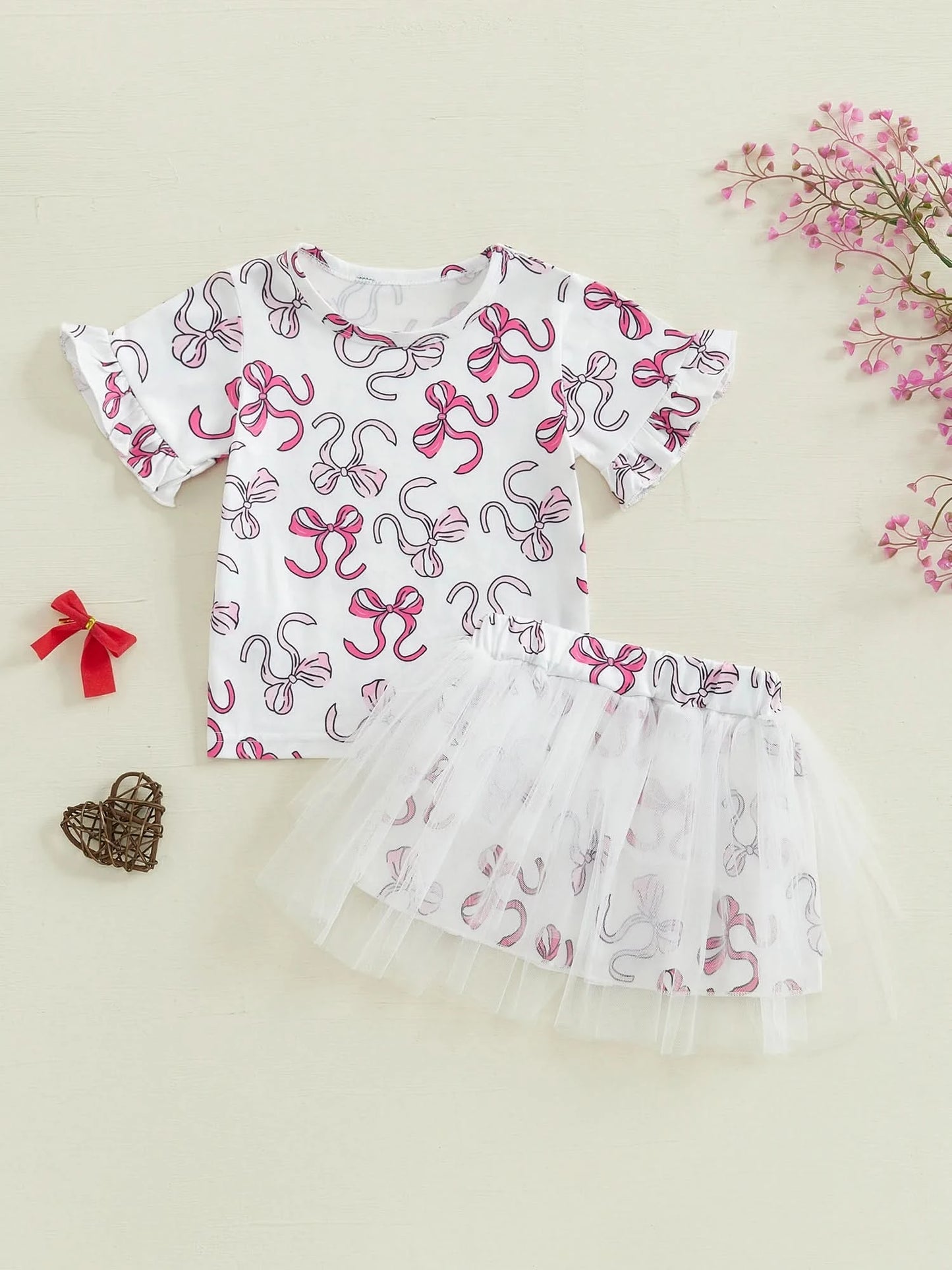 Infant Girls 2-Piece Summer Set with Short Sleeve Bow Print Top and Tulle Skirt - Adorable Baby Clothing for Warm Weather - M & M Global