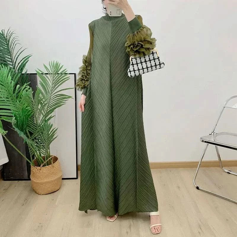 ANLAN Miyake Pleated Maxi Long Dress Mesh Petal Sleeve Half Turtleneck Formal Dresses for Women 2024 New Hot Sales 6KK9927 - M & M Global
