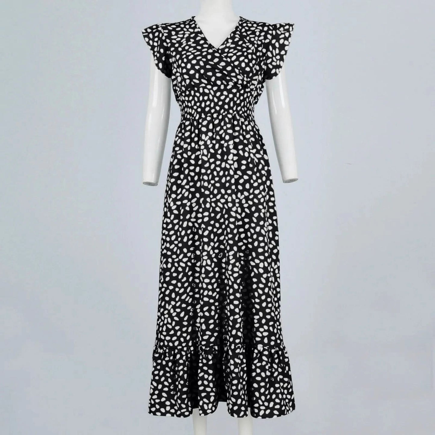 Polka Dot Dress For Women Sexy V-Neck Long Dress Casual And Fashionable Ruffle Edge Short Sleeved High Waisted Dress - M & M Global