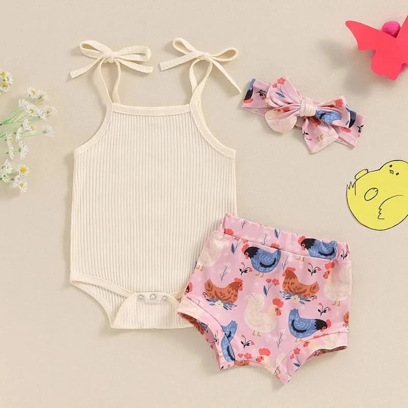 Toddler Girl 3 Piece Summer Set Floral Print Sleeveless Romper with Ruffle Trim Denim Shorts Bow Headband Outfit - M & M Global