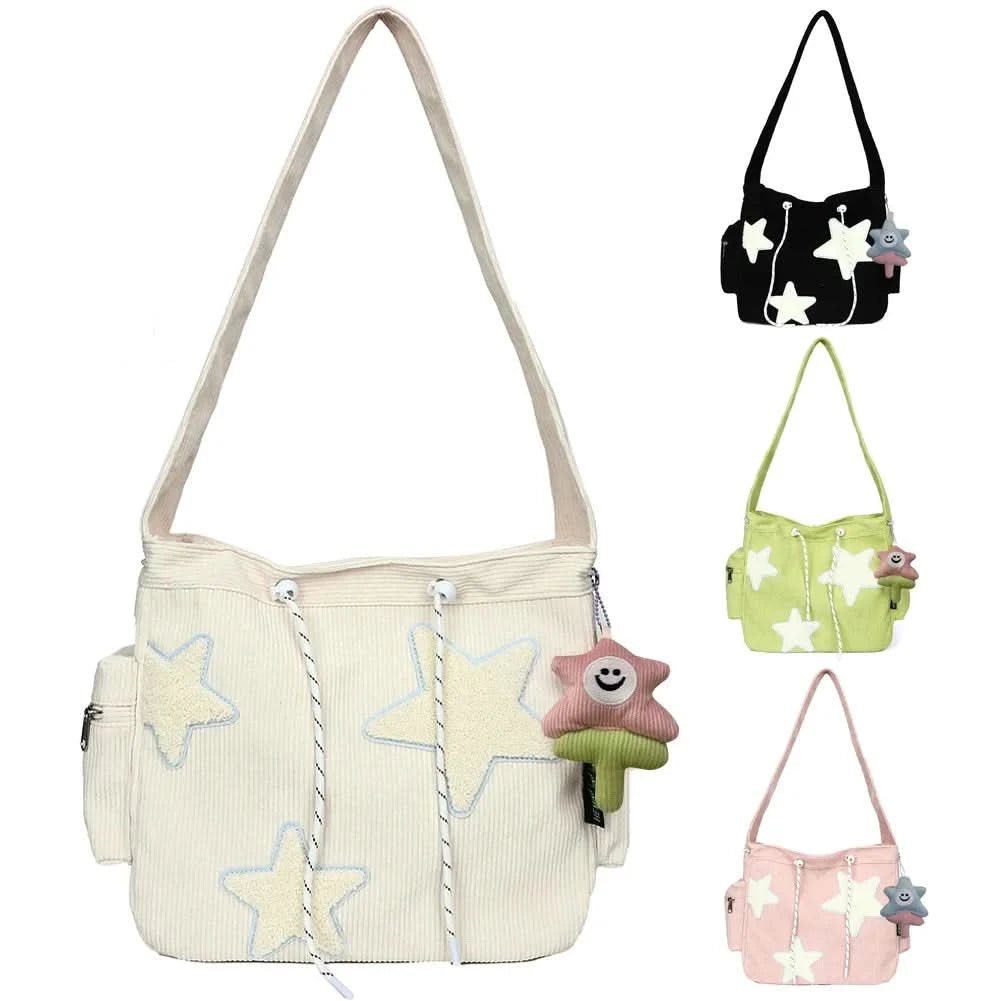 Women Star Pattern Corduroy Crossbody Bag Casual Tote Lady Fashion Large Capacity Shoulder Bag Girl Travel Messenger Bag Handbag - M & M Global
