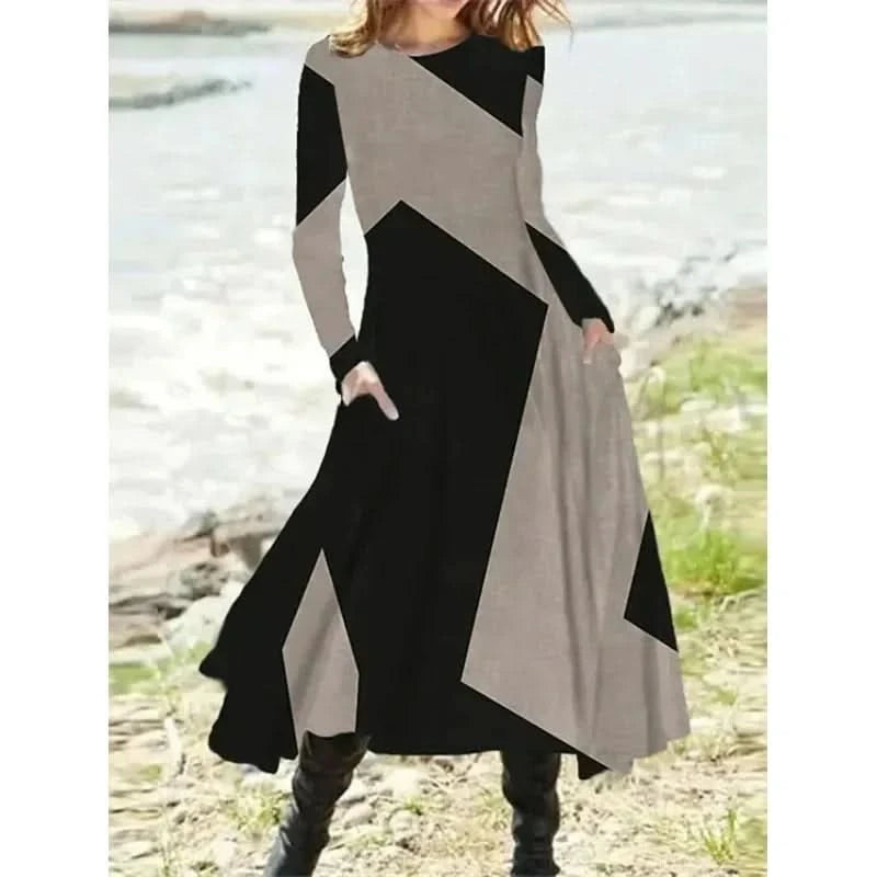 Long Dress Casual Eid Style Retro Autumn and Winter Long Sleeved Oversized Swing Maxi Dresses Patchwork Streetwear Vestidos - M & M Global