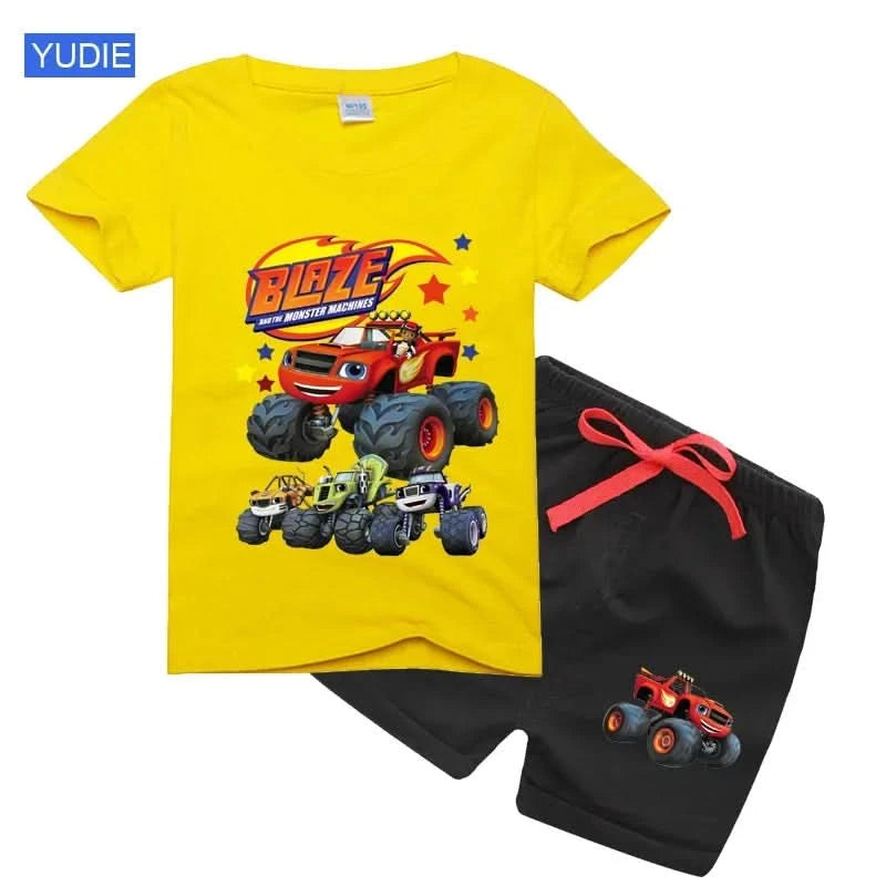 2025 Summer Baby Boy Clothes Set Cartoon Blazing Speed Cars Monster Machines Children Girl Short Sleeve T Shirt+Shorts 2PCS Suit - M & M Global