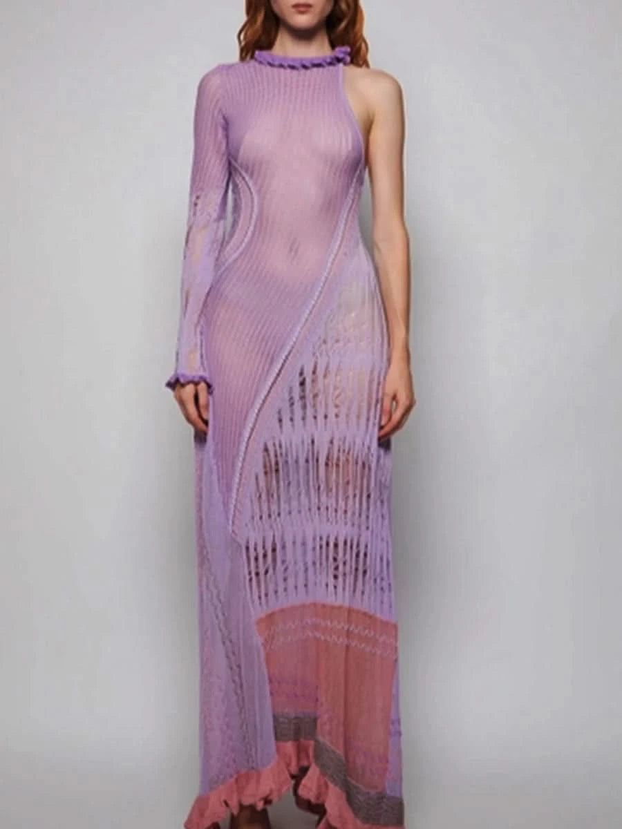 Women Sexy Y2k One Shoulder Long Sleeve Crochet Knit Long Dress Summer Beach See Through Party Grunge Club Cover Up Outfits - M & M Global