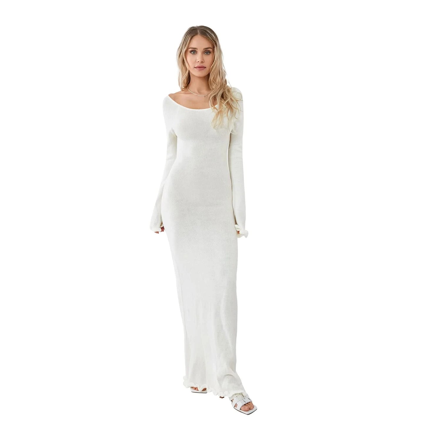 Women's Autumn Winter Knitted Bodycon Dress Long Sleeve Tie Backless Round Neck Solid Color Ruffle Trim Long Dress Beachwear - M & M Global