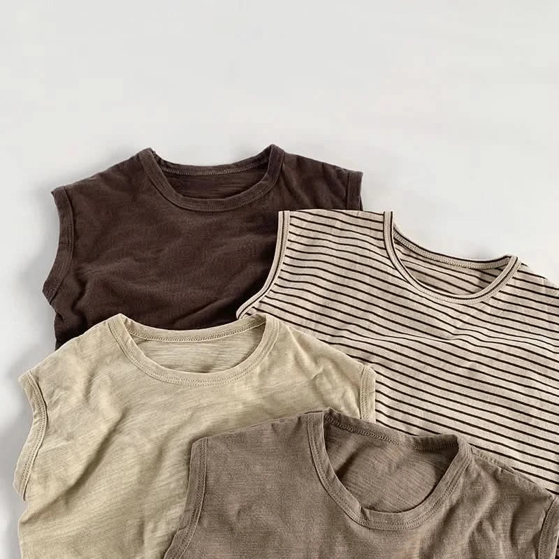 Summer Children Slub Cotton T Shirts Korean Fashion Toddler Kids Sleeveless Striped T-Shirts Baby Boys Casual Tank Tops 4 5 6 7Y - M & M Global