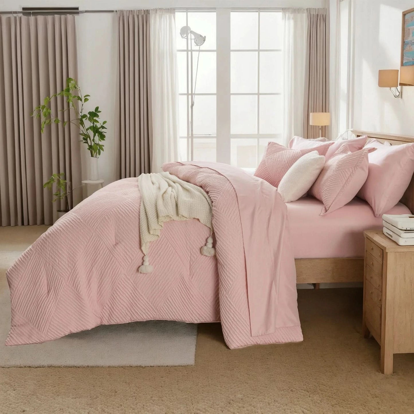 solid striped check Comforter set, soft microfiber, lightweight and breathable, easy to care for - bedding set for all seasons