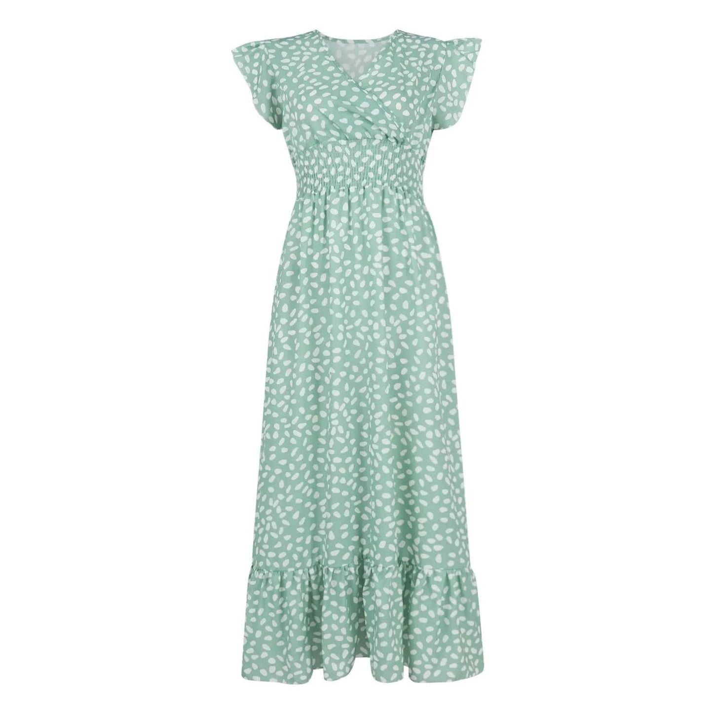Polka Dot Dress For Women Sexy V-Neck Long Dress Casual And Fashionable Ruffle Edge Short Sleeved High Waisted Dress - M & M Global