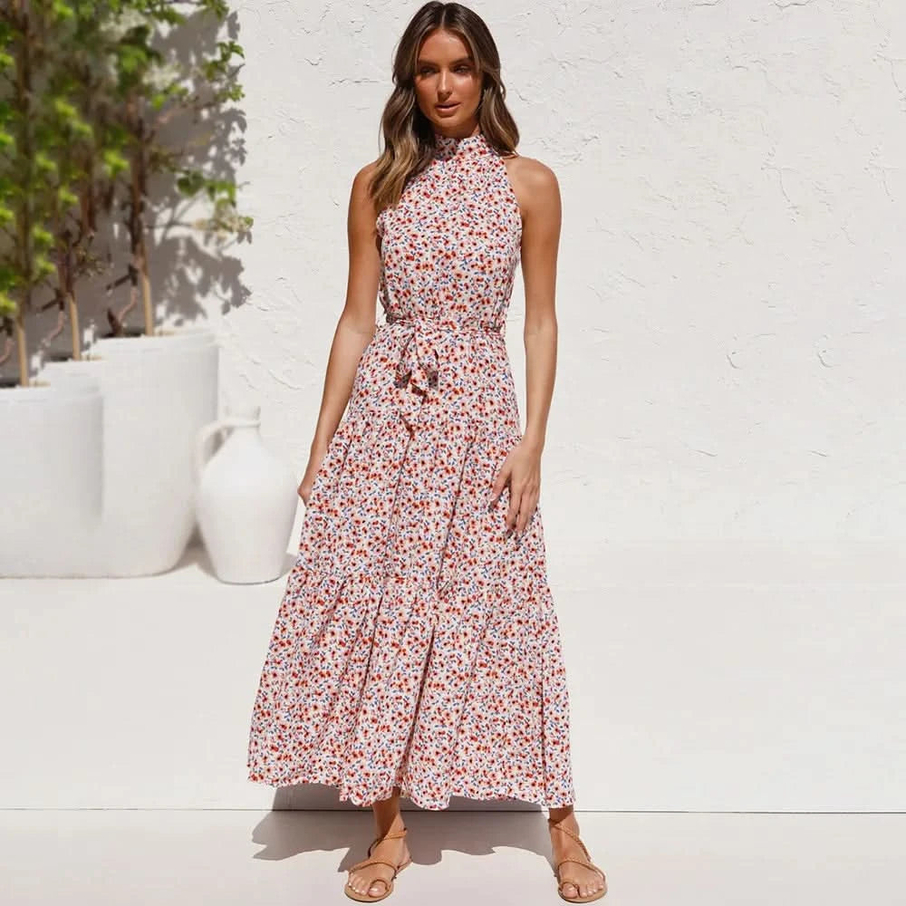 Summer Floral Print Halter Neck Dresses For Women Sleeveless Leace-up Long Dress Casual Beach Holiday Vestidos Female Clothing - M & M Global